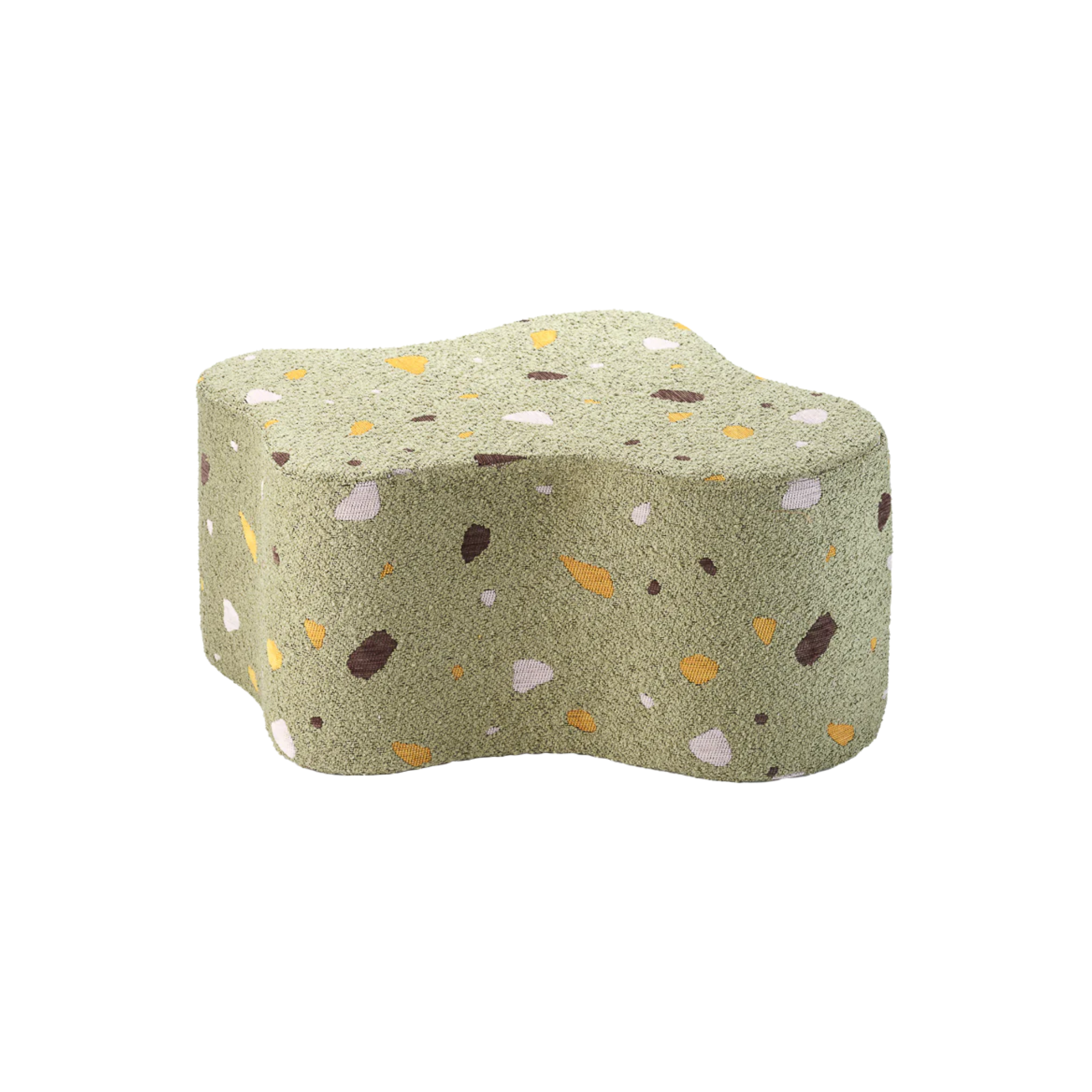 Organisch gevormde poef in speels model. Lichtgroene bouclé stof met vlekjes in een soort terrazzo motief. Leuk voor in de kinderkamer of woonkamer en ook heel fijn als voetenbankje.