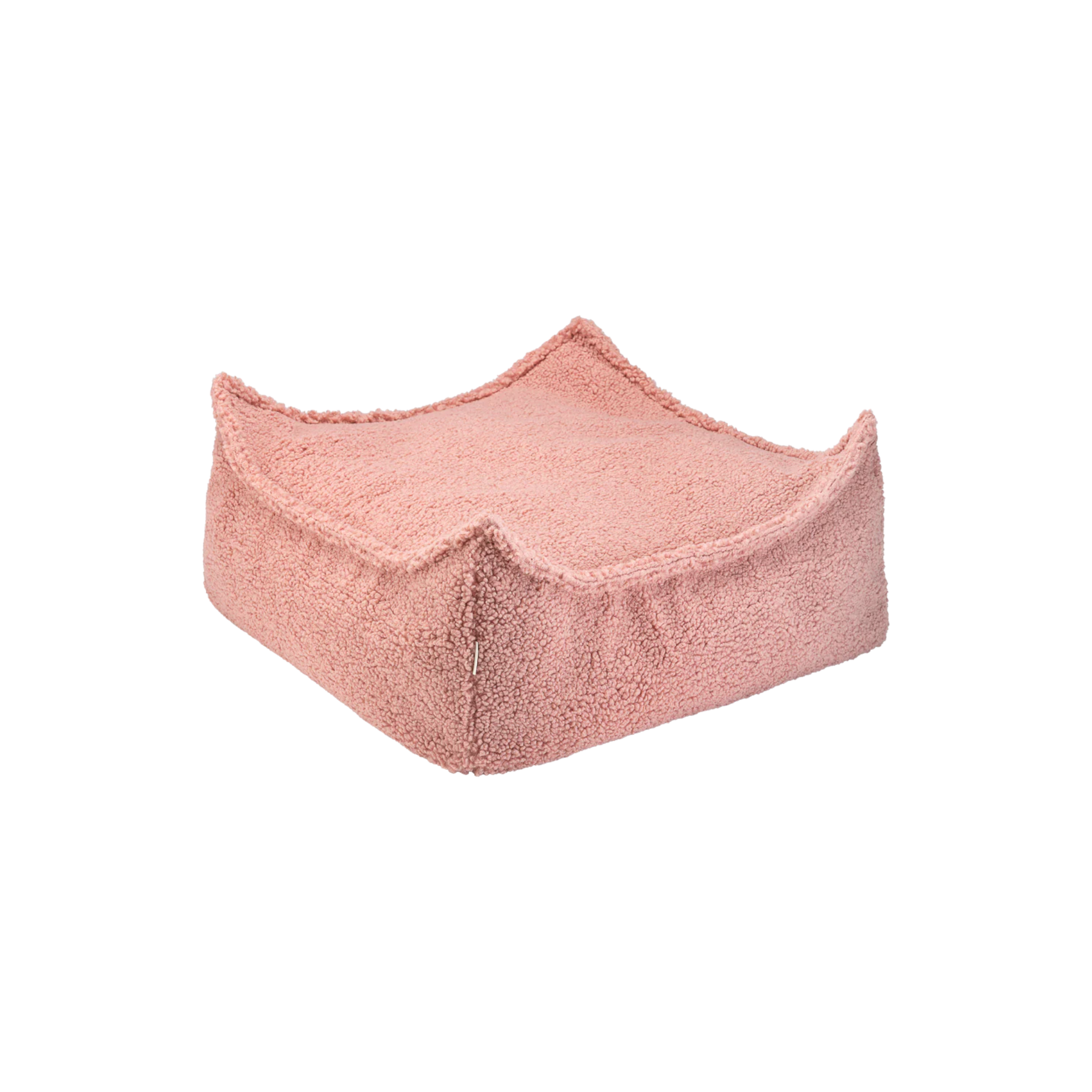 Grote zachte roze poef om lekker in te ploffen, vierkant met grappige opstaande puntjes. Van teddy stof, merk Wigiwama.