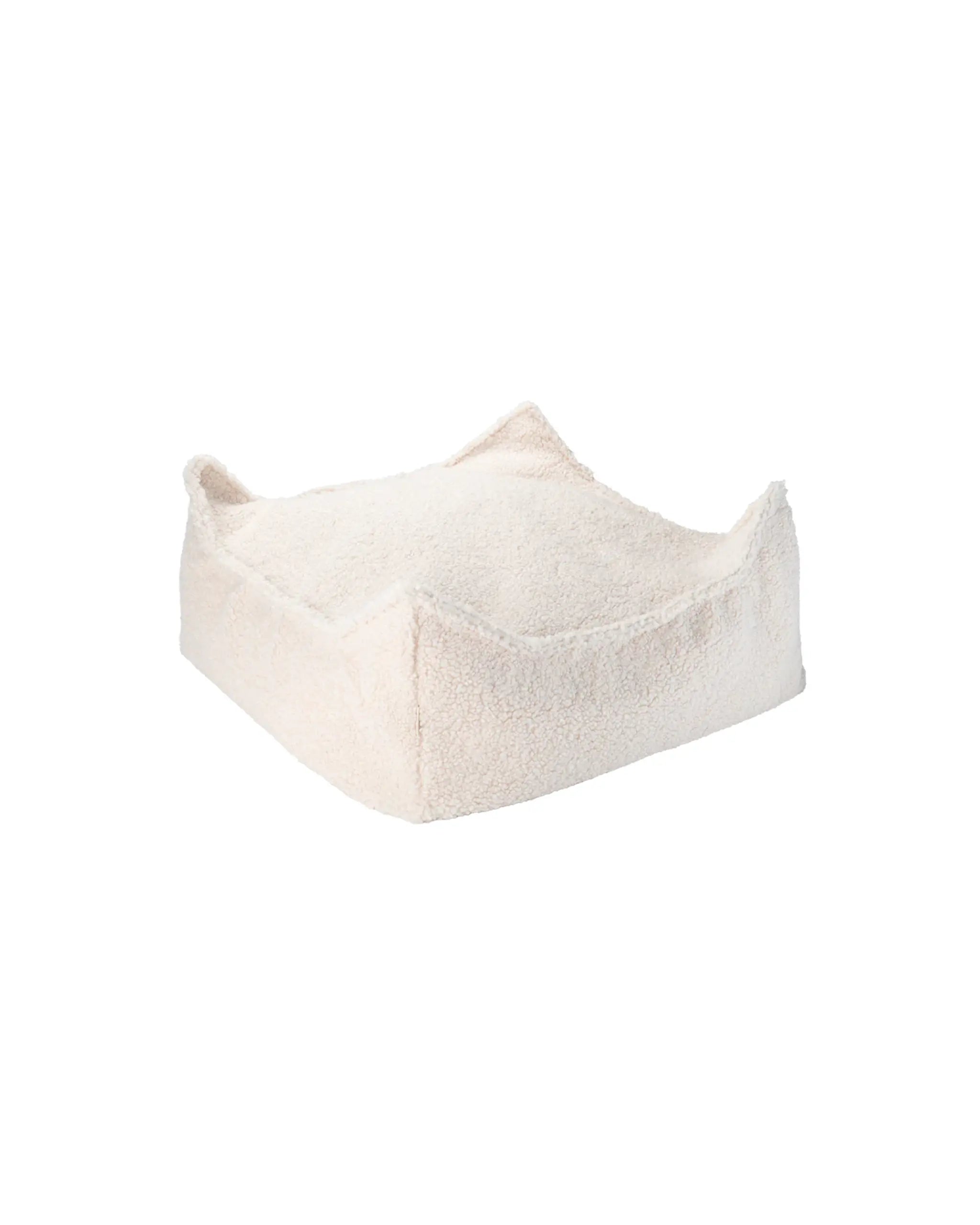 Vierkante zitzak of poef in een lichte crème (offwhite) kleur. Van heerlijk zachte teddy stof, ca 60 cm groot (vierkant)